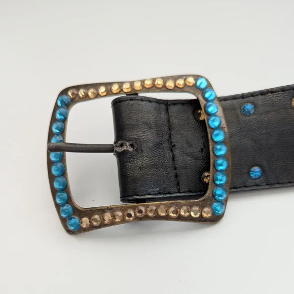 Black Leather Belt w/Colorful Glam Embellishments & Accents Blue/Green & Gold - Picture 8 of 12